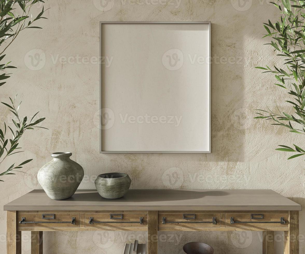 Scandinavian design room with olive trees. Mockup frame in cozy home interior background. Farmhouse style 3d render illustration. photo