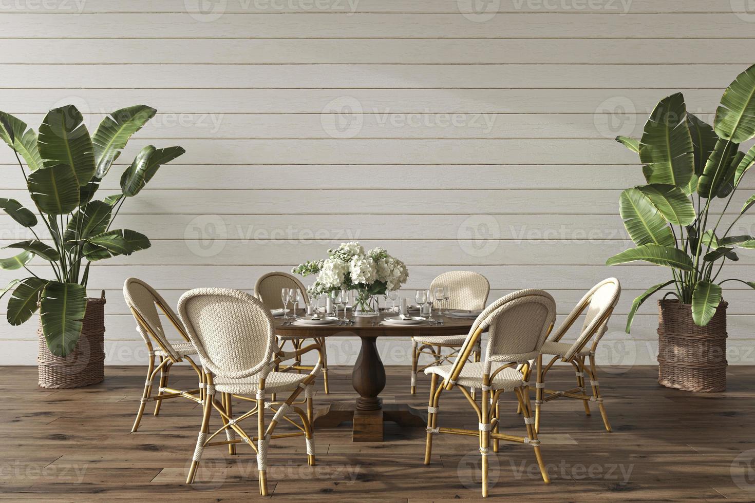 Comedor de diseño costero con mesa. Simulacros de pared blanca en el acogedor fondo interior de una casa. Ilustración de render 3d de estilo Hampton. foto