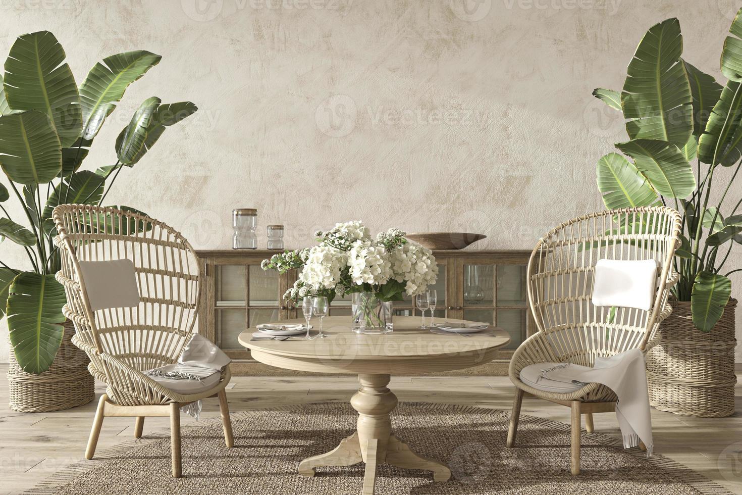 Coastal design dining room with palm plants. Mock up stucco wall in cozy home interior background. Hampton style 3d render illustration. photo