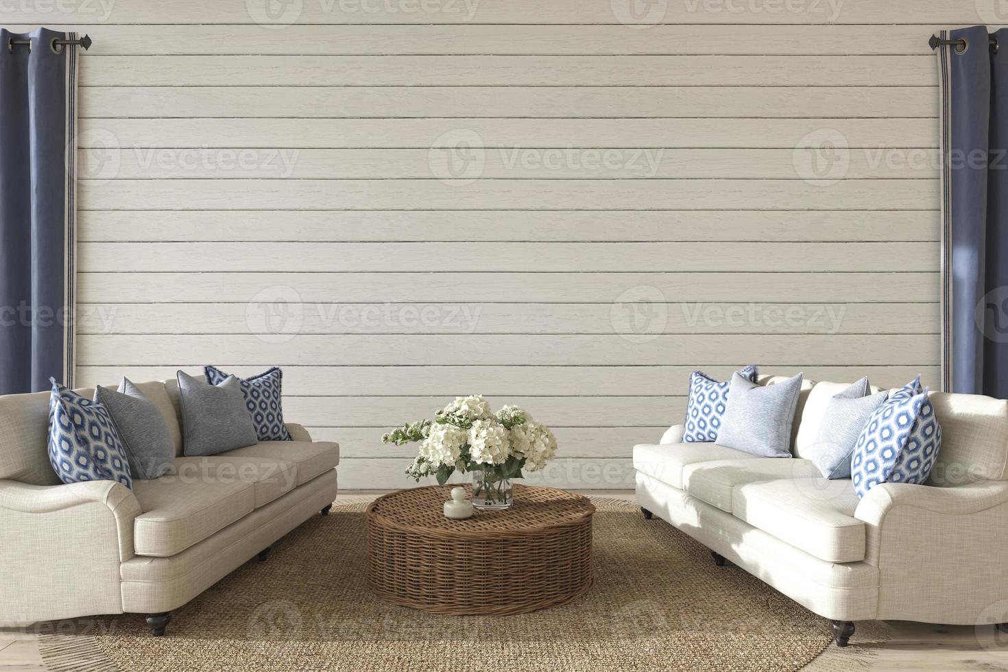 Coastal design living room. Mock up white wall in cozy home interior background. Hampton style 3d render illustration. photo