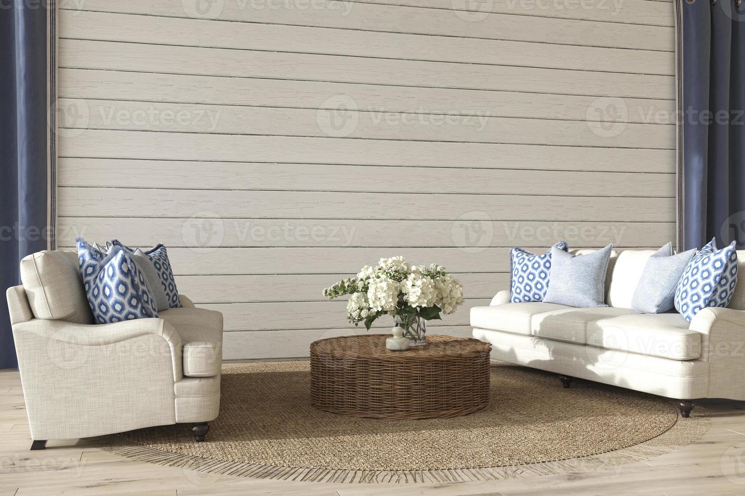 Living de diseño costero. Simulacros de pared blanca en el acogedor fondo interior de una casa. Ilustración de render 3d de estilo Hampton. foto