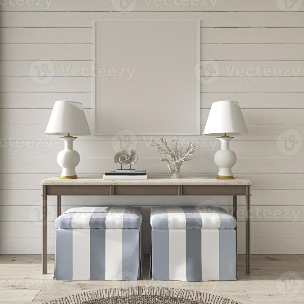 Coastal design room. Mockup frame in cozy home interior background. Hampton style 3d render illustration. photo