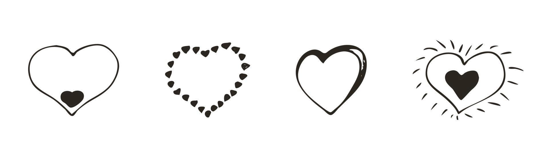 Set of doodle heart icon. Love symbol. Cute hand drawn vector graphic illustration isolated on white background. Simple outline style sign. Art sketch pattern