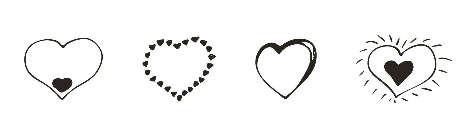 conjunto de icono de corazón de doodle. símbolo de amor. Ilustración gráfica de vector dibujado a mano lindo aislado sobre fondo blanco. signo de estilo de contorno simple. patrón de dibujo de arte