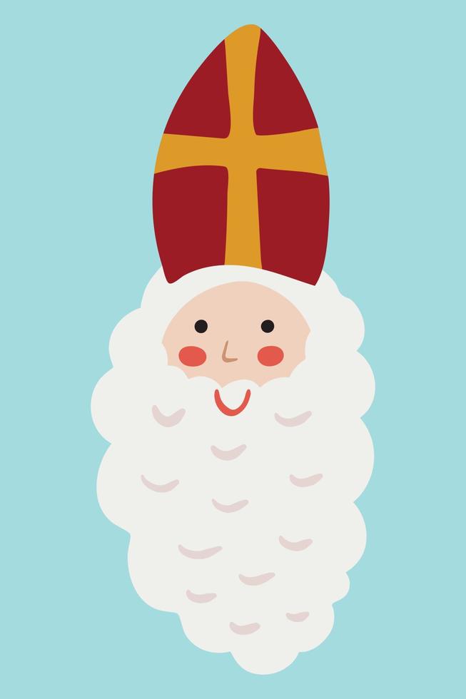 San Nicolás - Sinterklaas - Papá Noel holandés - Cara de anciano con barba en mitra roja con retrato de cruz. Lindo personaje de niños de Navidad de vector en estilo de dibujo simple dibujado a mano