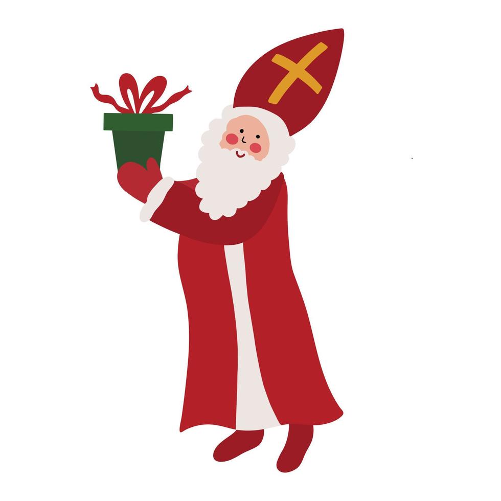 Saint Nicholas  - Sinterklaas - Dutch Santa - old man with beard in red mantle and mitre with gift. Cute vector Christmas children character in simple hand drawn style