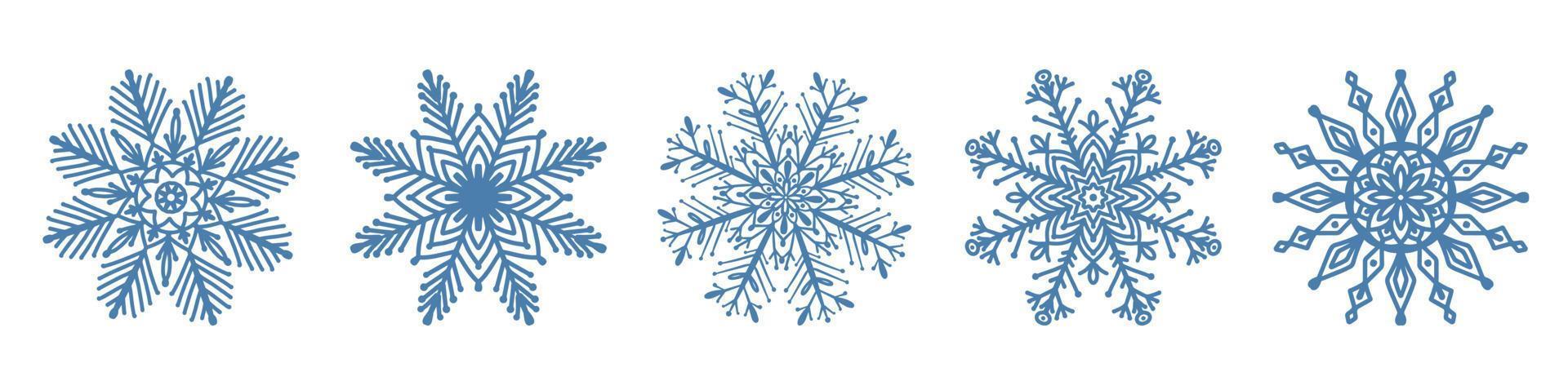 Set of hand drawn blue snowflake icon isolated on white background. Winter design element snow flake frost crystal vector illustration collection.