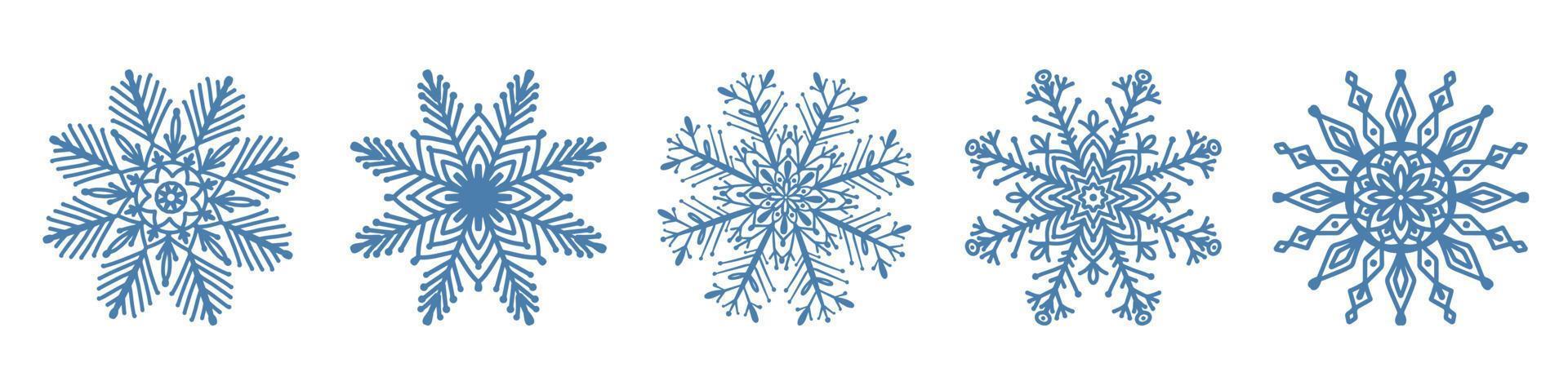 conjunto de icono de copo de nieve azul dibujado a mano aislado sobre fondo blanco. elemento de diseño de invierno colección de ilustración de vector de cristal de escarcha de copo de nieve.