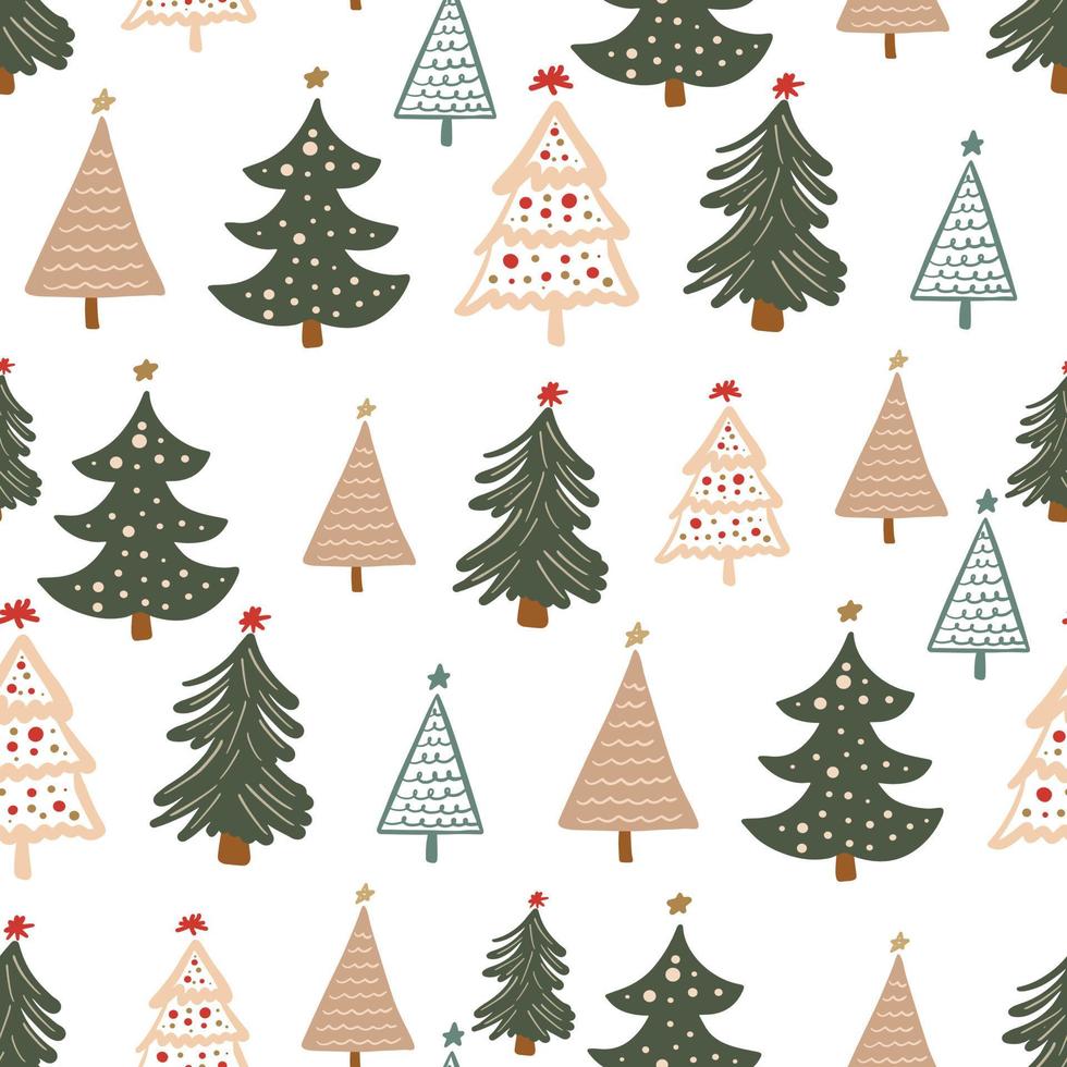 Lindo fondo de patrón sin costuras festivo infantil con símbolo de doodle dibujado a mano de árbol de Navidad minimalista simple. año nuevo, fondo de vacaciones de invierno vector