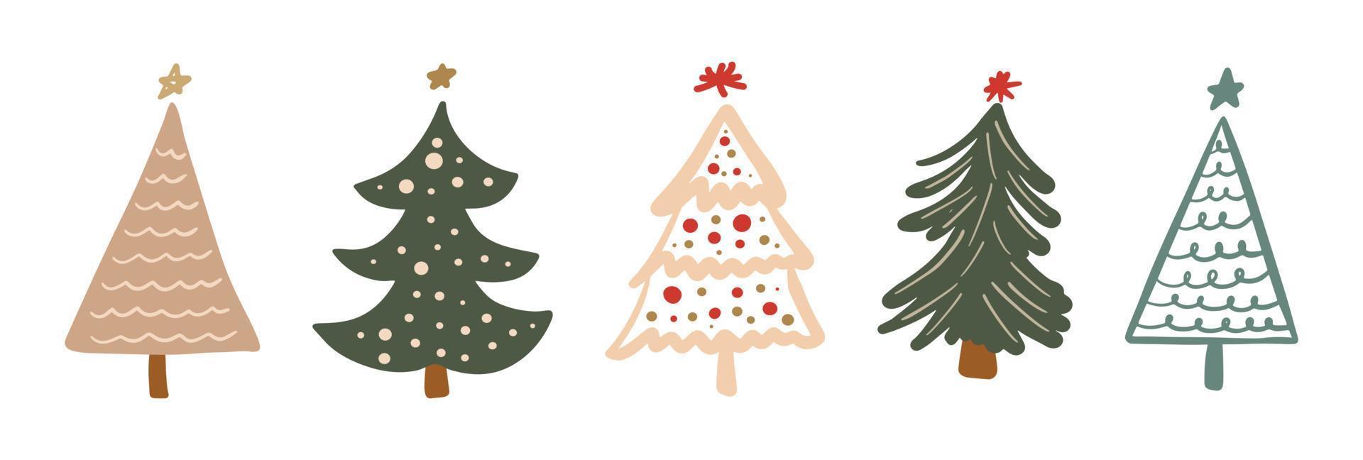 Set of simple minimalistic Christmas tree hand drawn childish doodle. Festive New Year, winter holiday design element collection vector