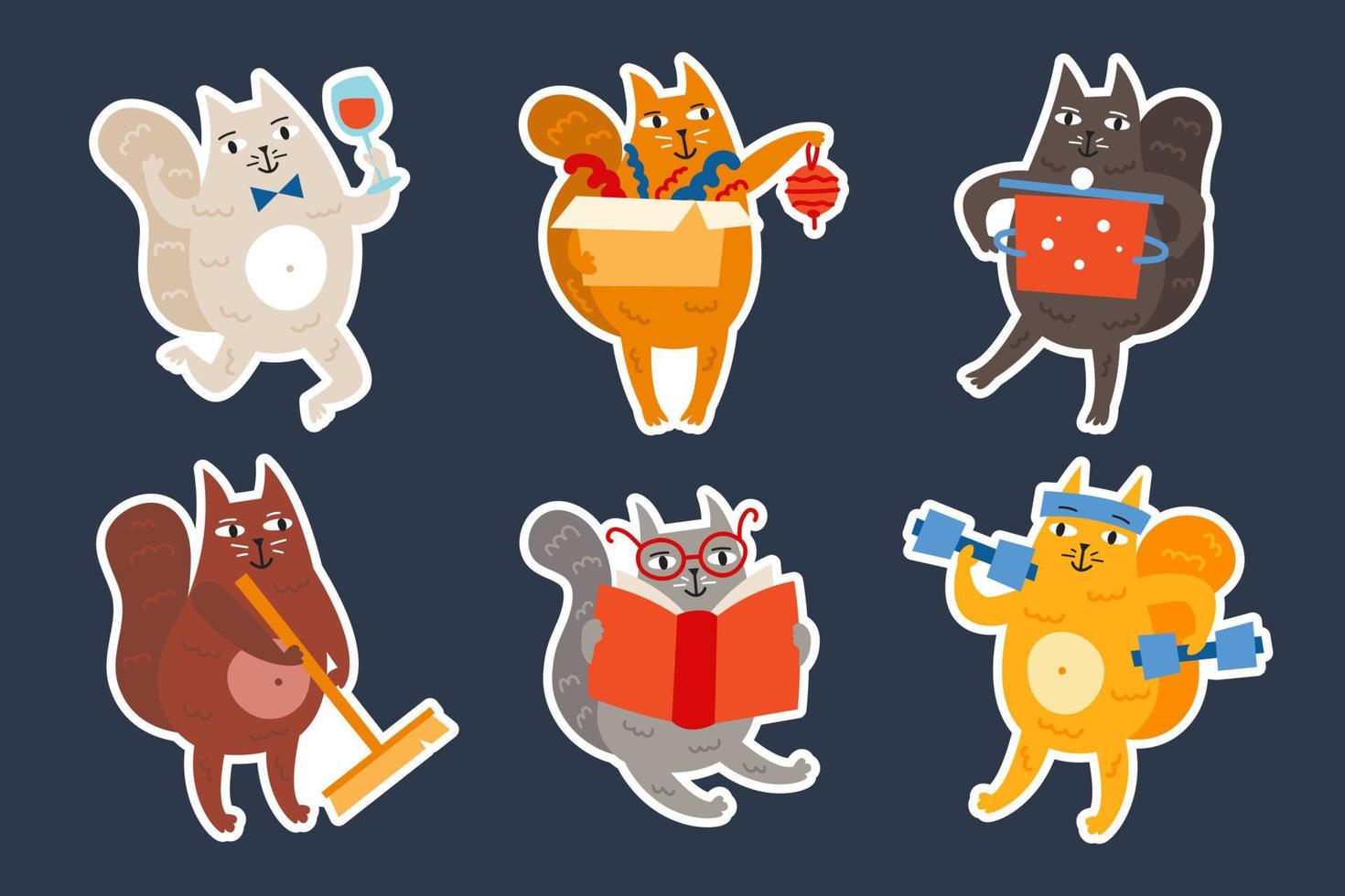 Funny domestic cat kitty kitten doing different things Cooking reading cleaning celebrating practicing sports Set of cliparts illustrations Sticker sheet Isolated on background vector