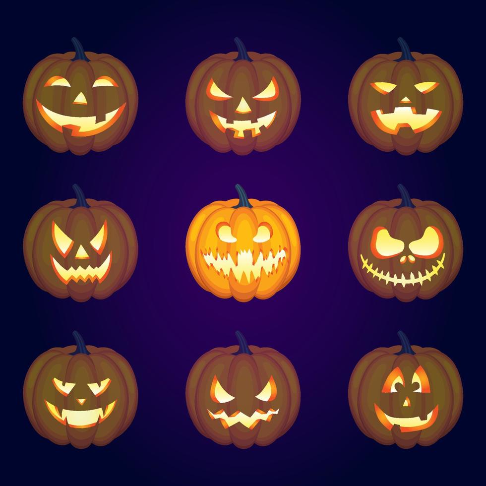 Jack-o-lantern pumpkins isolated different smiles faces set collection vector