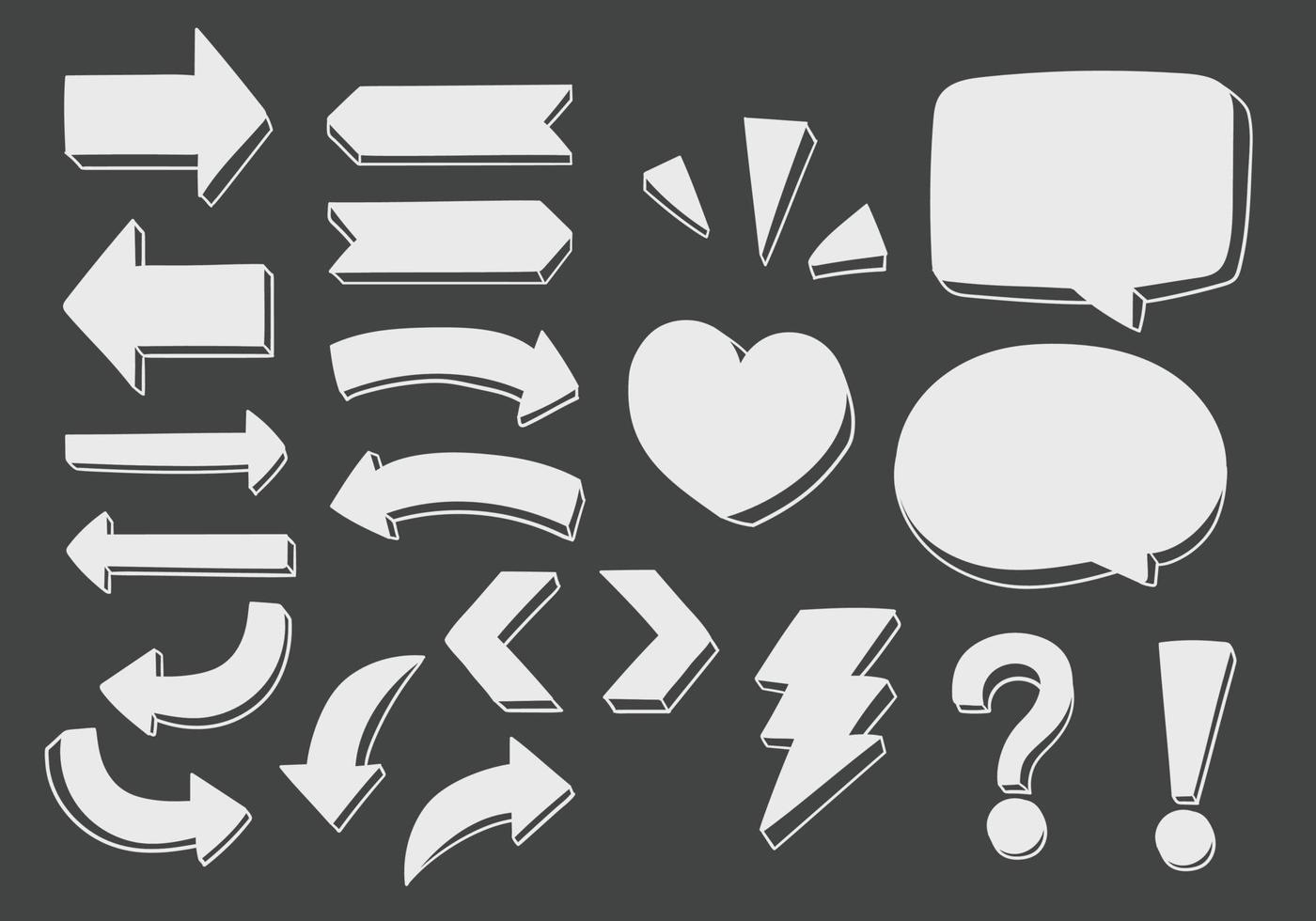 Vector set of hand drawn dimensional doodle including  directional arrows, signs, symbols and speech bubbles.