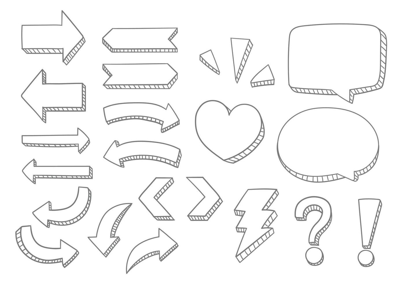 Vector set of hand drawn dimensional doodle including  directional arrows, signs, symbols and speech bubbles.