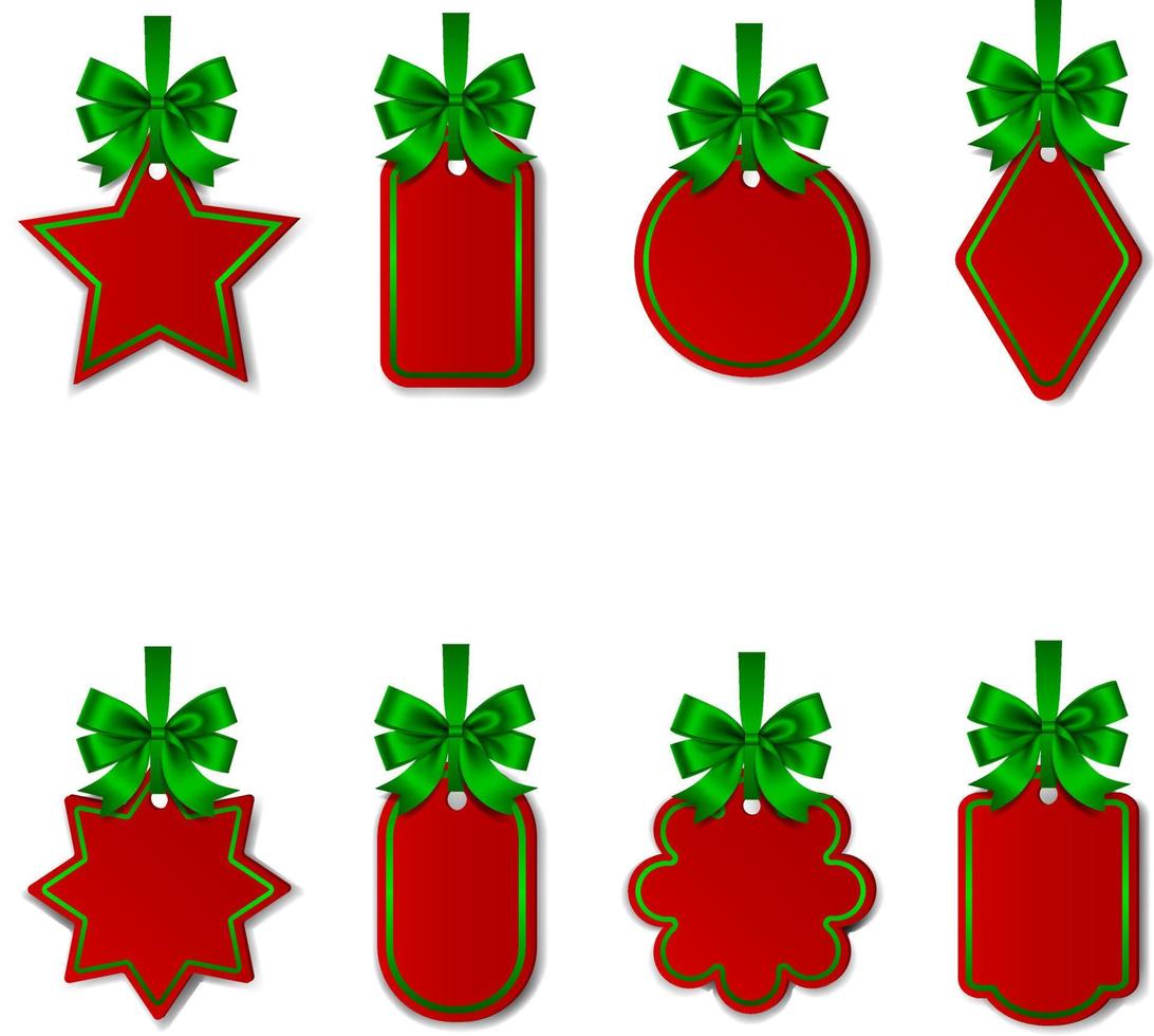 set of christmas red price tags with green bows and ribbons vector