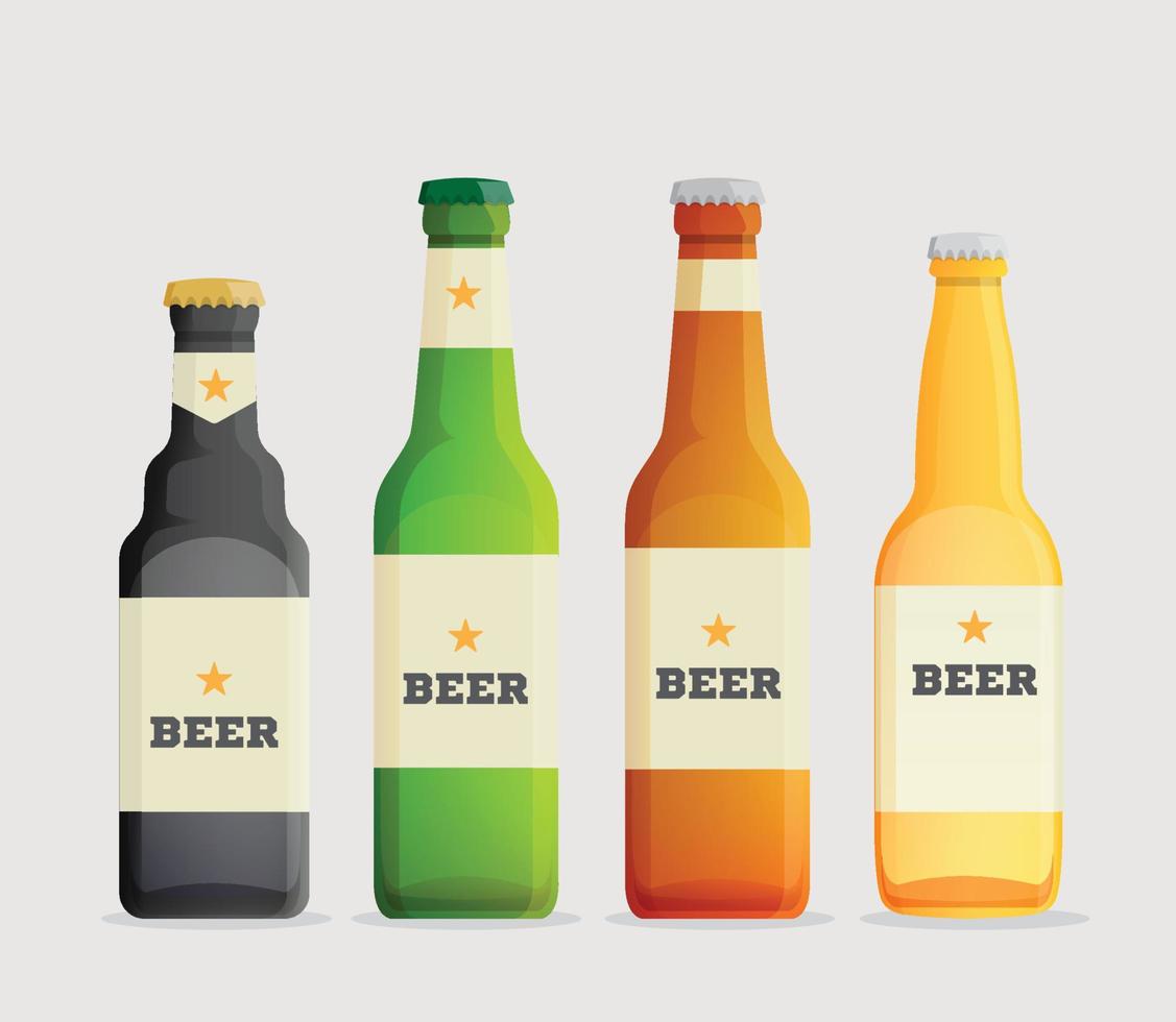 Conjunto de iconos de vector de cerveza de vidrio, botellas de cerveza con etiqueta sobre fondo blanco.