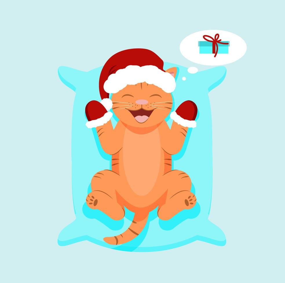 Cute christmas baby tiger in Santa hat on a blue pillow. Flat vector illustration.