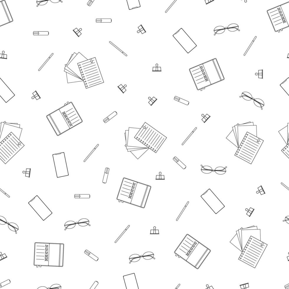 Black and white stationery seamless outline pattern. Vector line art illustration