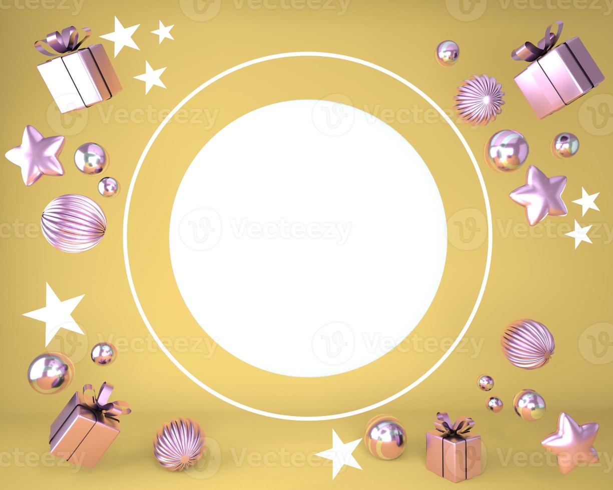 Christmas frame made of festive decorations, gift boxes. Christmas background. 3d rendering. photo