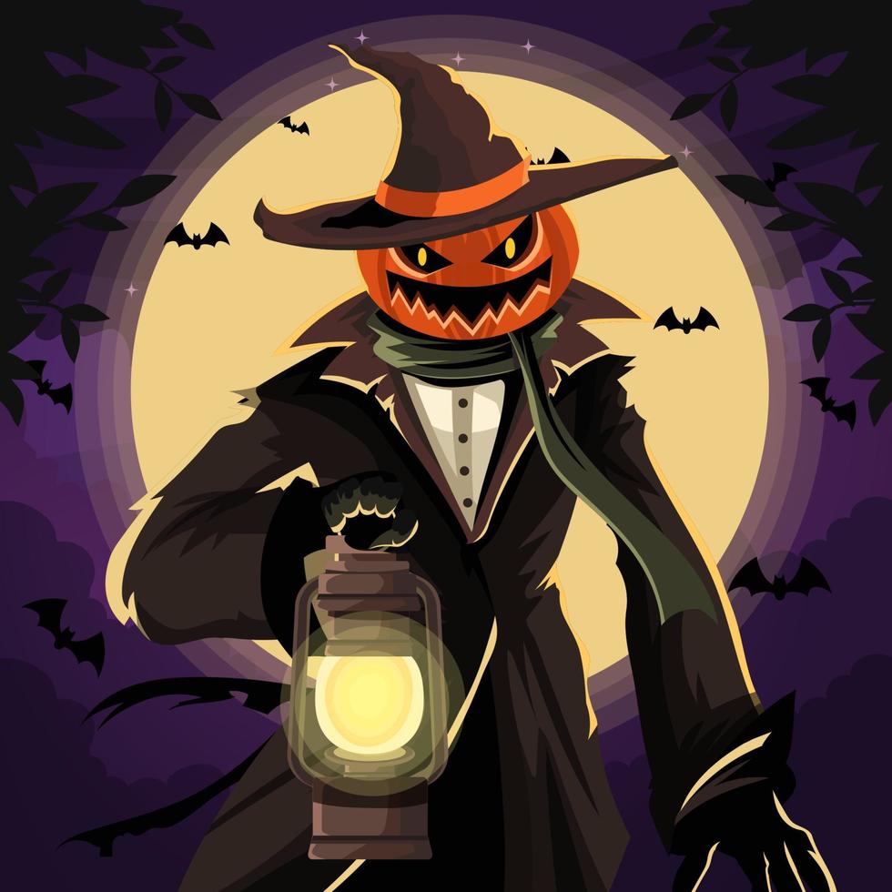 Jack O Lantern in the Middle of the Night Holding a Lantern vector