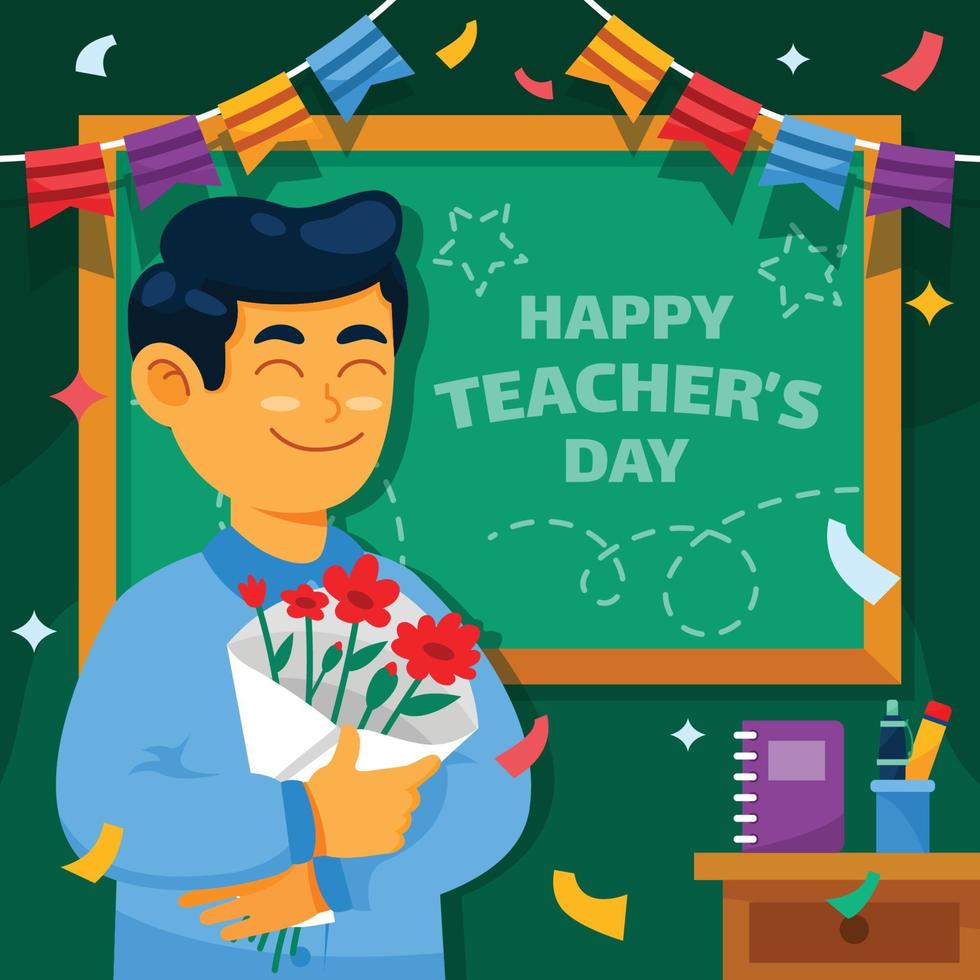 Happy Teacher Got Bouquet of Flowers on Teacher's Day vector