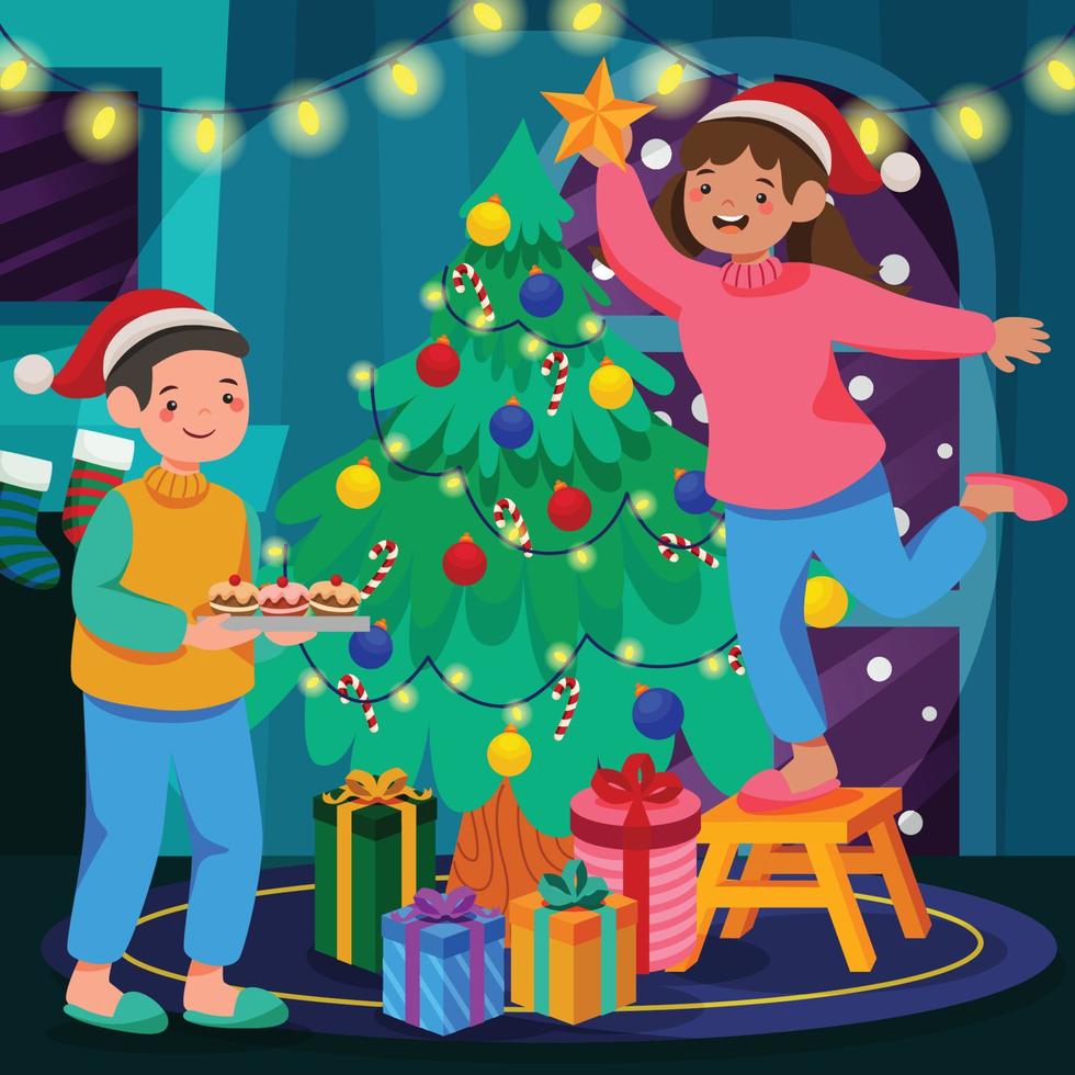 Couple Baking Cookies and Decorating Christmas Tree vector