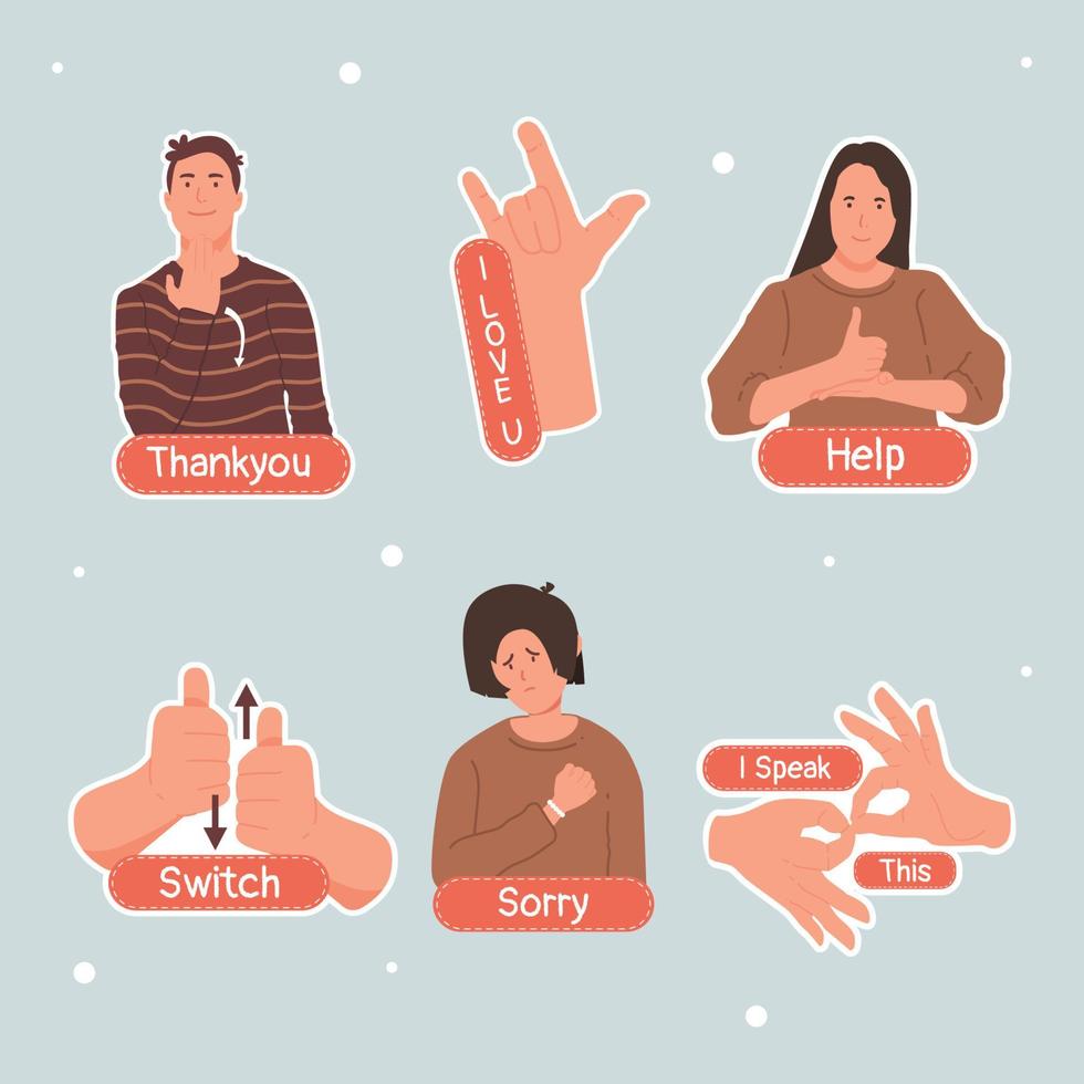 conjunto de pegatinas de lenguaje de señas vector