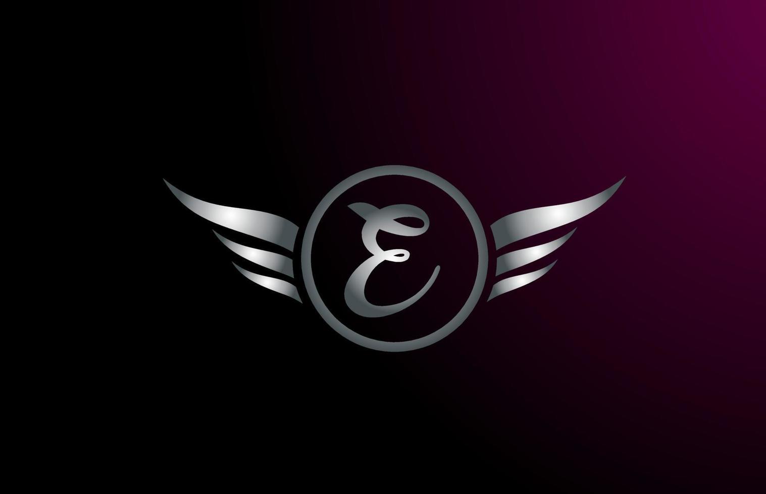 silver grey wings E letter alphabet logo design with metallic icon for business company vector
