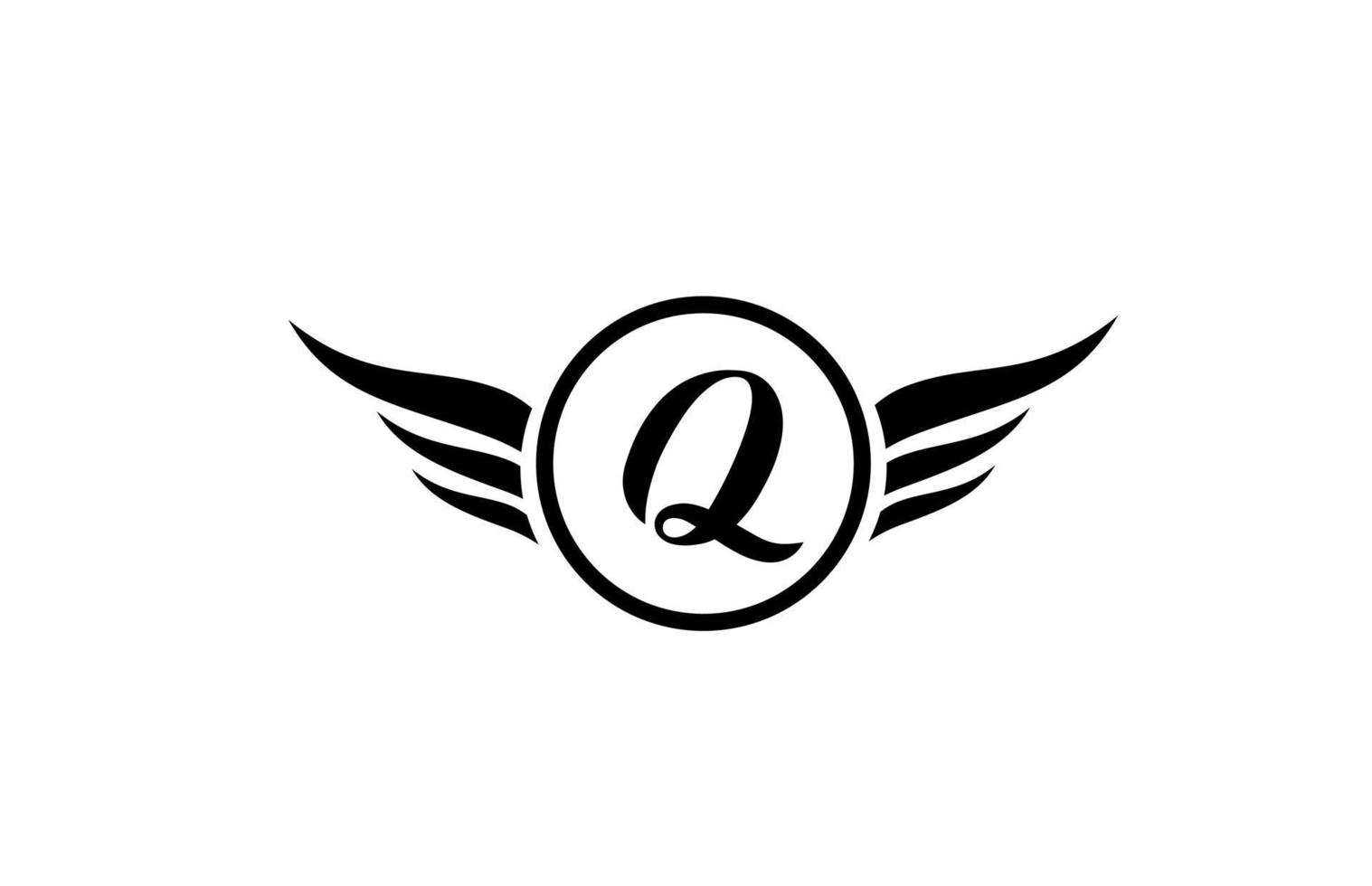 black and white Q wing wings alphabet letter logo icon with circle for company design and business vector