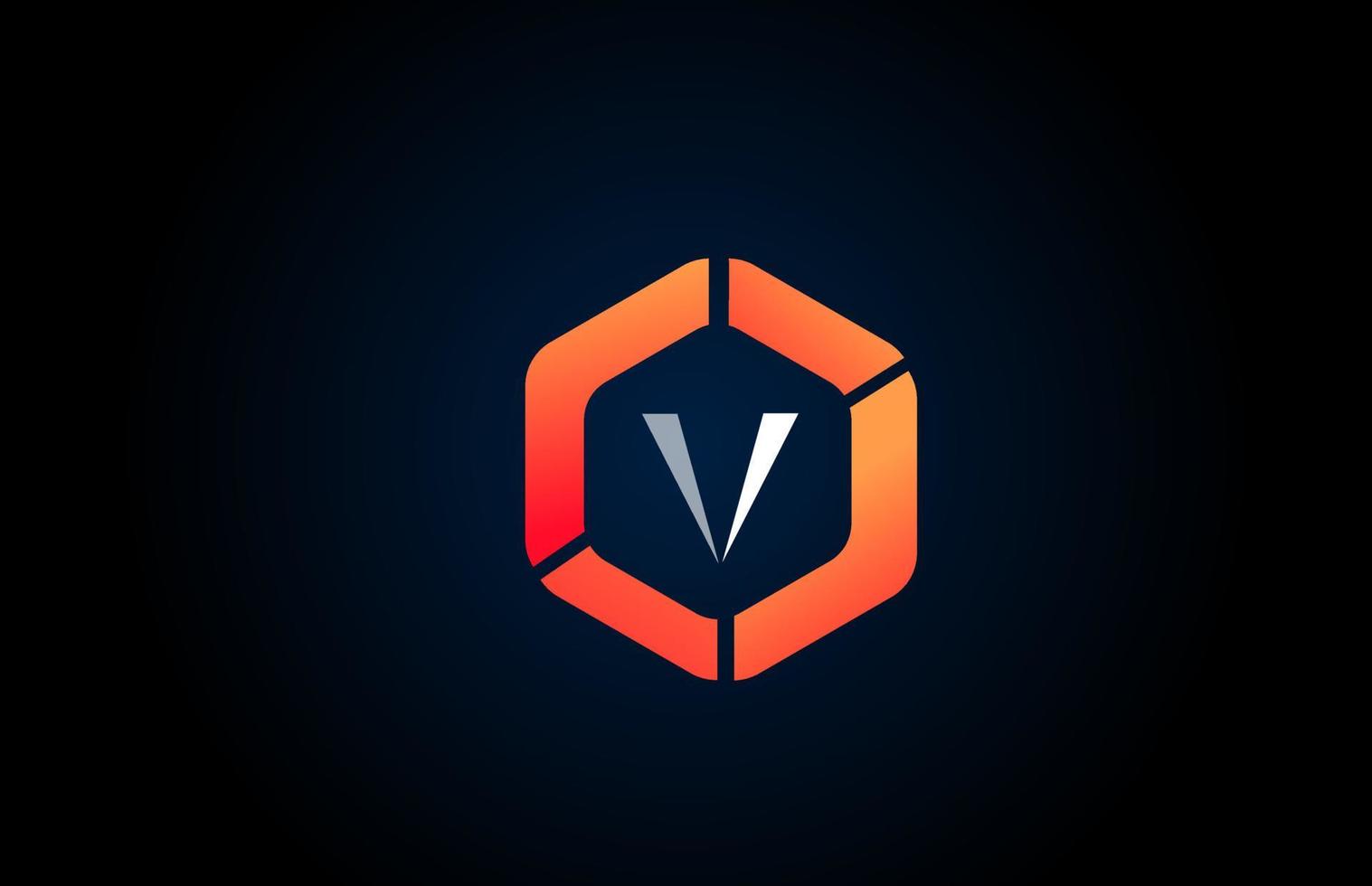 orange white polygon V letter alphabet logo design icon in black and orange for company and business vector