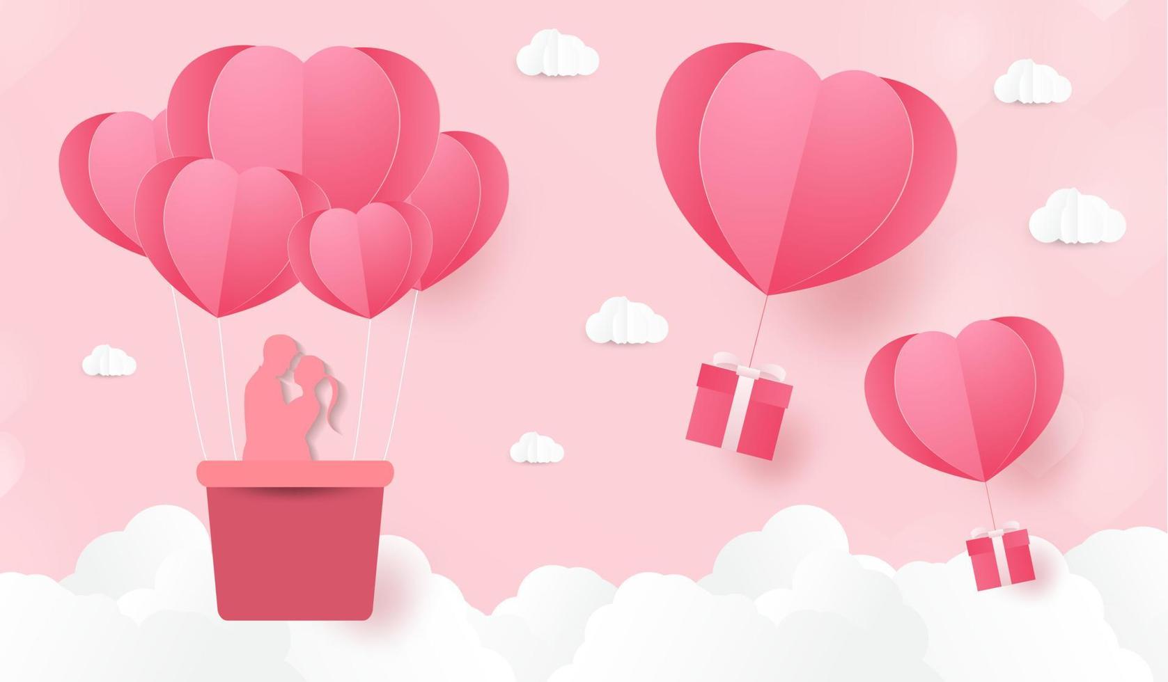 Love and Valentine day,Lovers stand in the meadows and a paper art heart shape balloon floating in the sky. craft style. vector