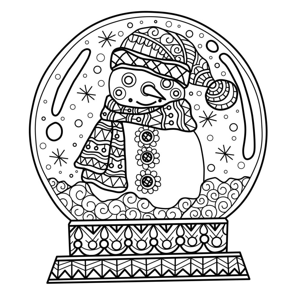 Snowman and snow globe hand drawn for adult coloring book vector