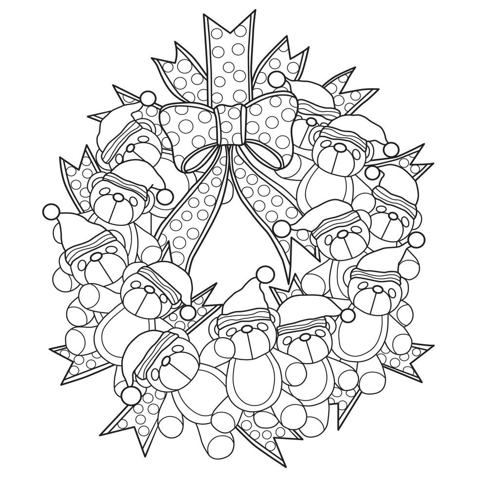 Teddy bear Wreath hand drawn for adult coloring book vector