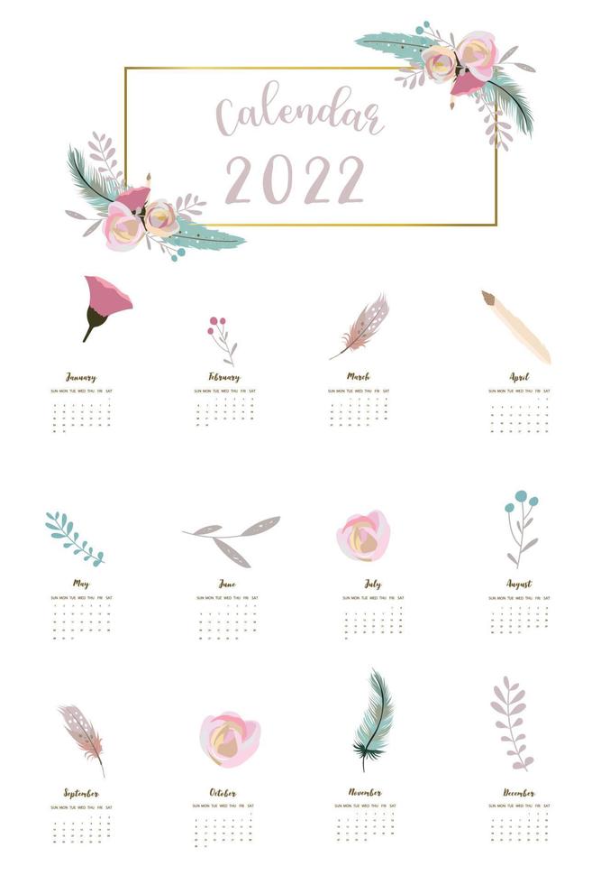 2022 table calendar week start on Sunday with feather,flower that use for vertical digital and printable A4 A5 size vector