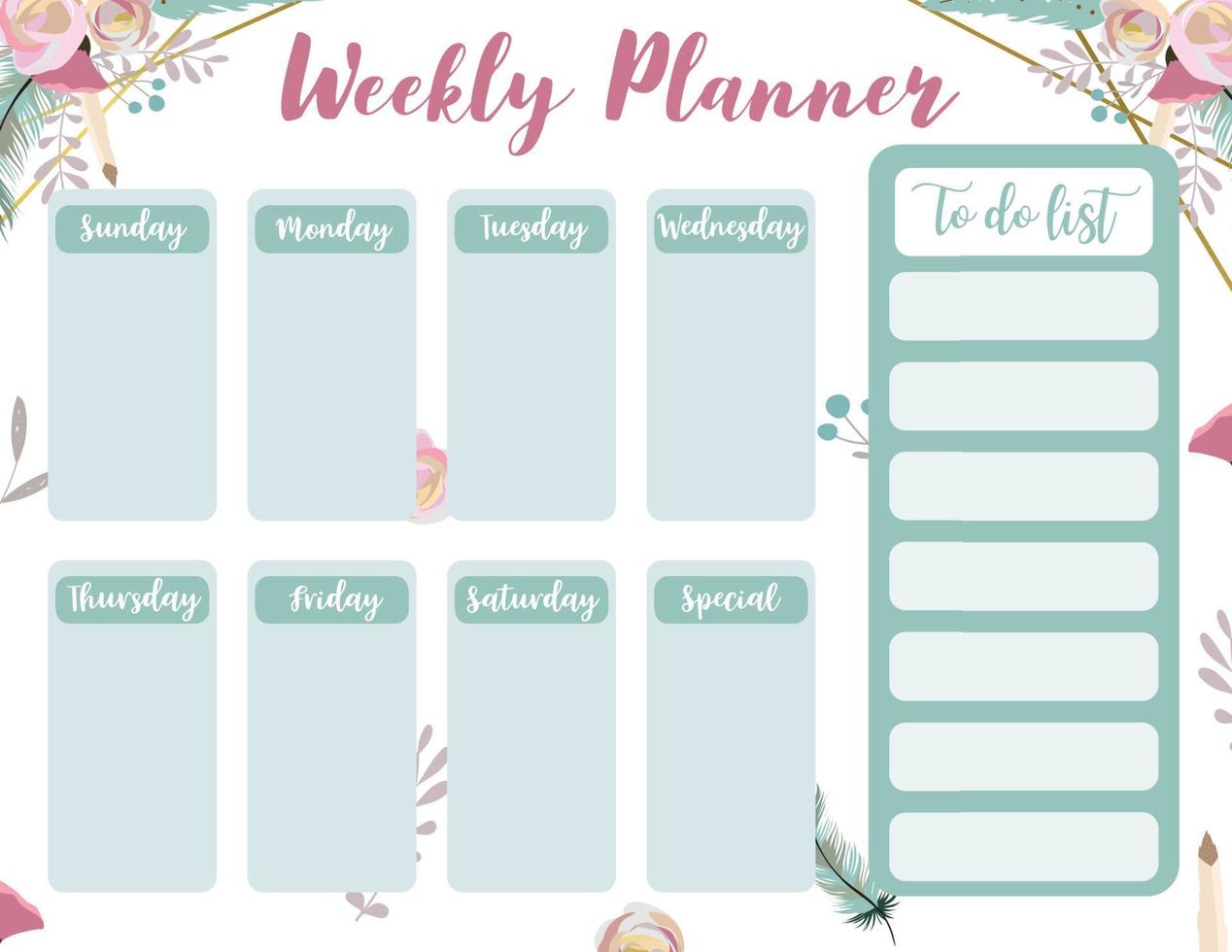 Weekly planner start on Sunday with animal and sun,to do list that use for vertical digital and printable A4 A5 size vector