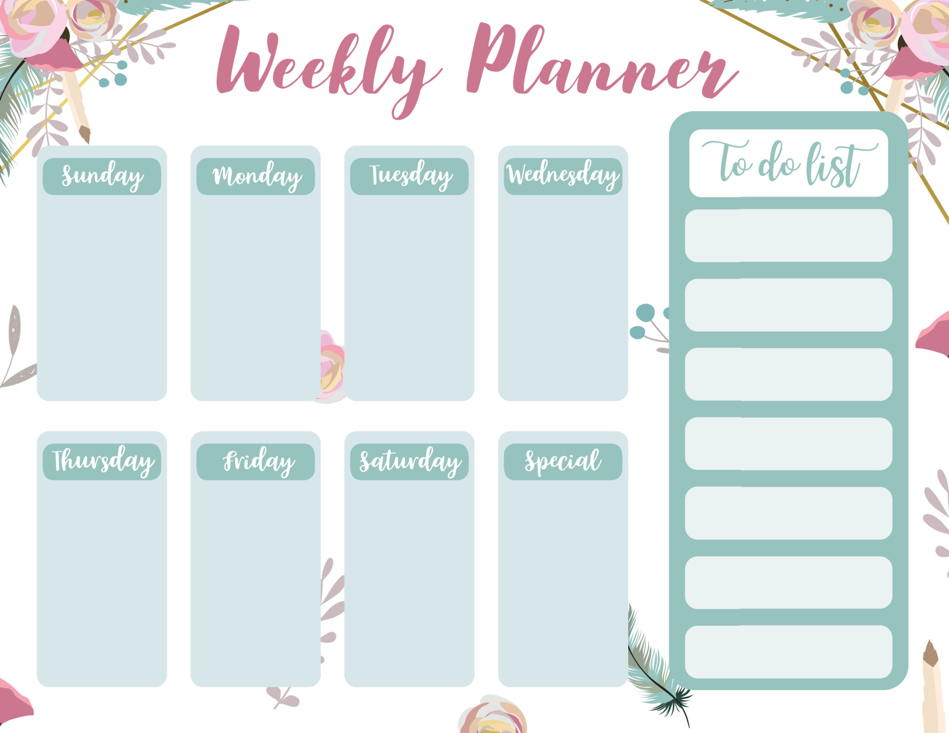 Weekly planner start on Sunday with animal and sun,to do list that use for vertical digital and