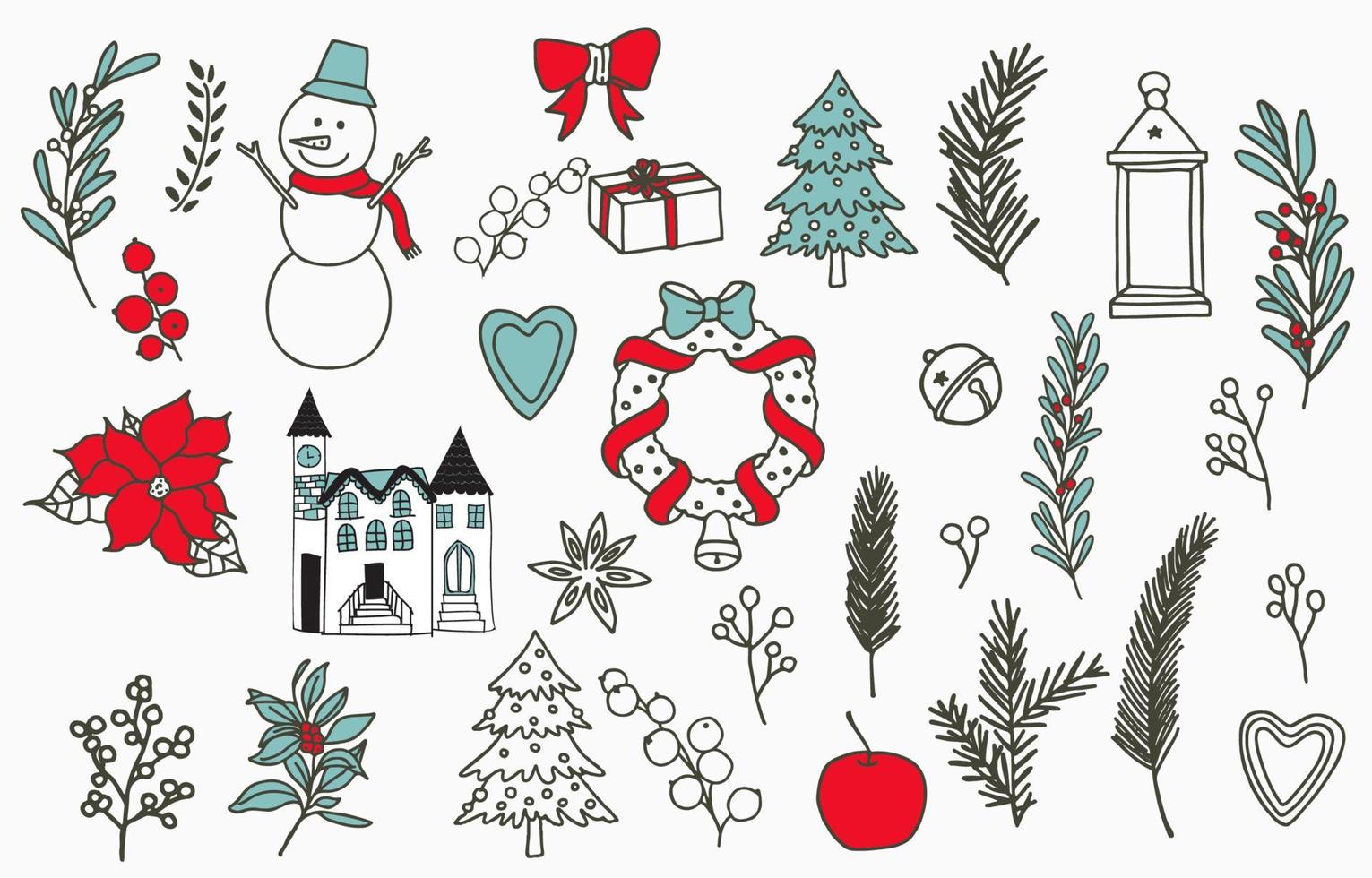christmas object with snowman,wreath,flower,gift vector