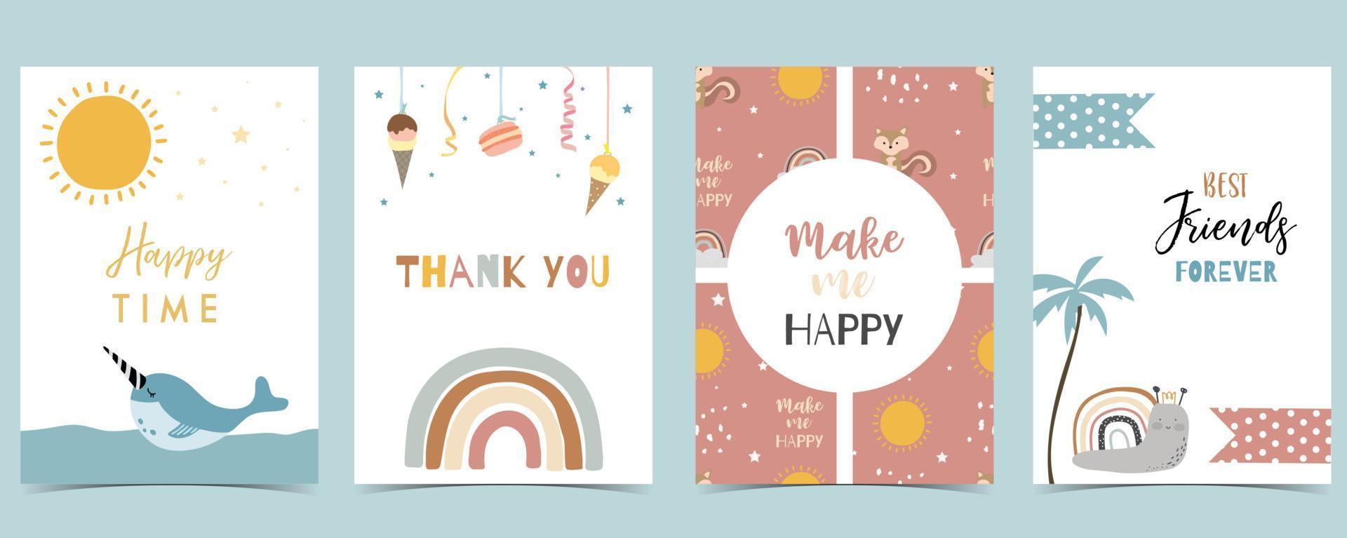 Collection of kid postcard set with narwhale, rainbow, sun.Editable vector illustration for website, invitation,postcard and sticker