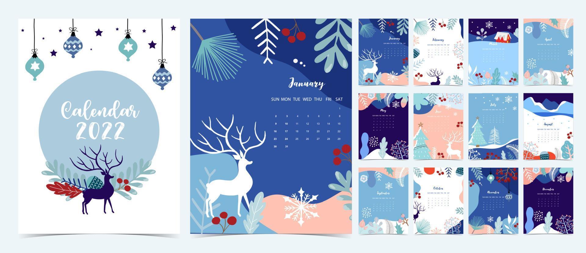 2022 table calendar week start on Sunday with winter,landscape that use for vertical digital and printable A4 A5 size vector