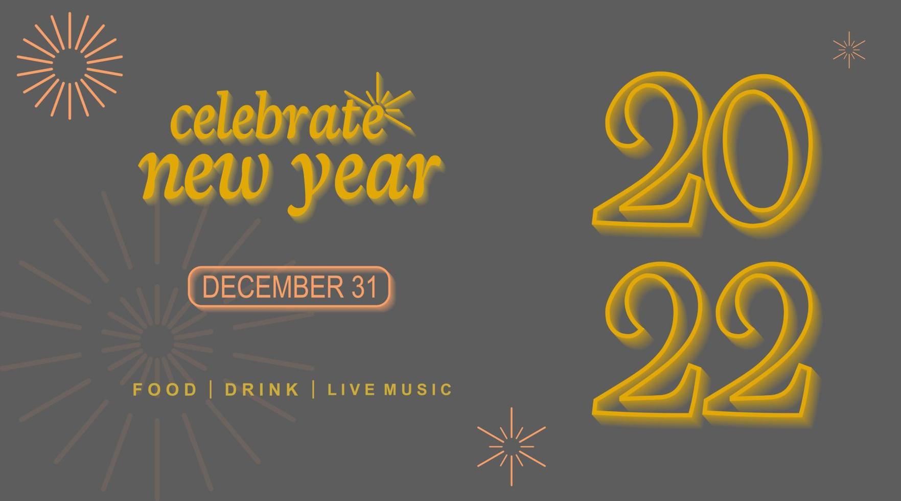 2022 new year celebration banner design template, simple concept glowing gold color lettering vector