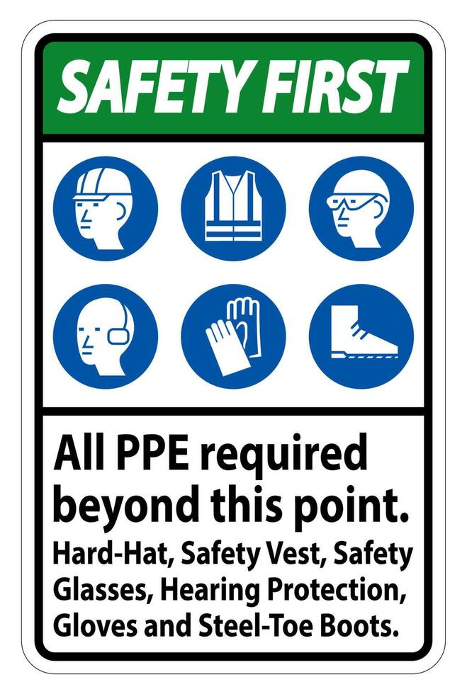 Safety First PPE Required Beyond This Point. Hard Hat, Safety Vest, Safety Glasses, Hearing Protection vector