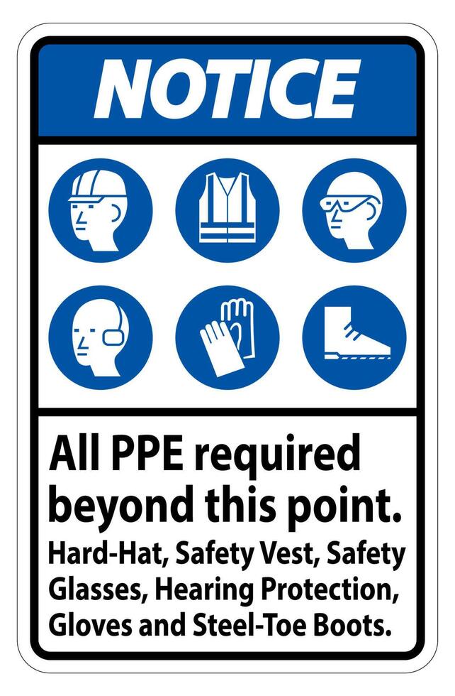 Notice PPE Required Beyond This Point. Hard Hat, Safety Vest, Safety Glasses, Hearing Protection vector