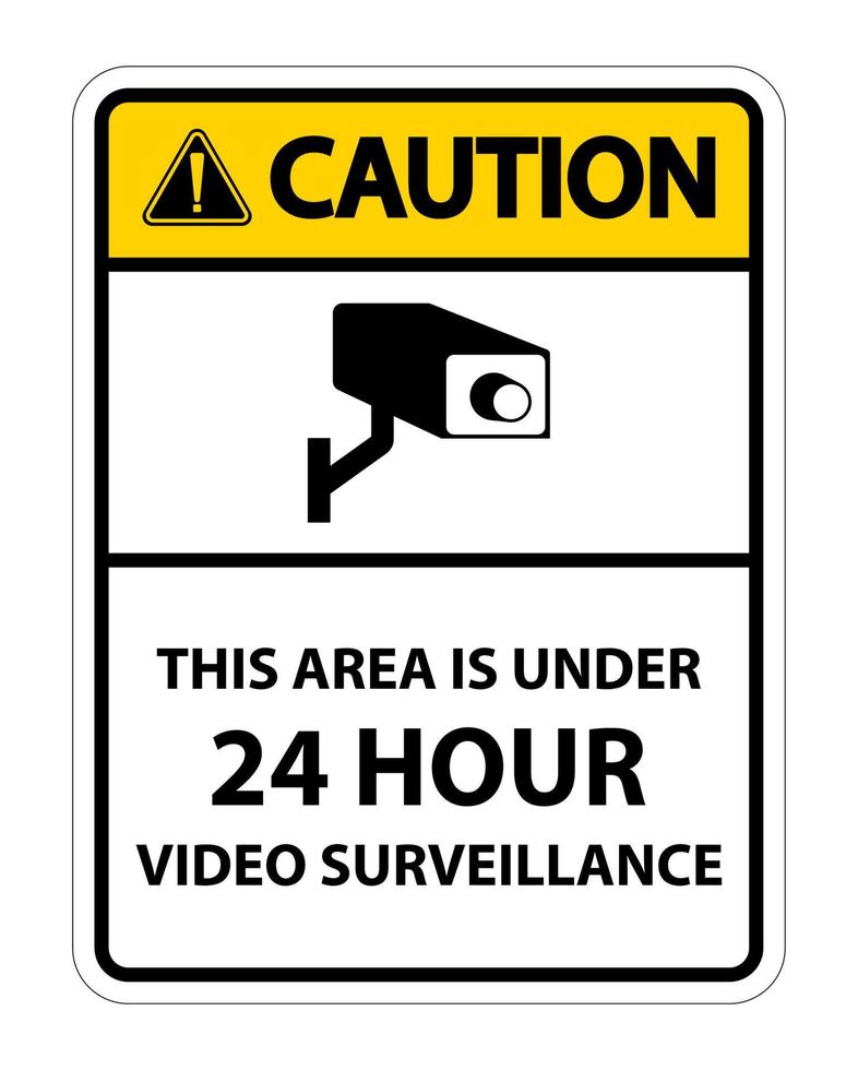 Precaución: esta área está bajo el signo de símbolo de vigilancia por video de 24 horas aislado sobre fondo blanco, ilustración vectorial vector