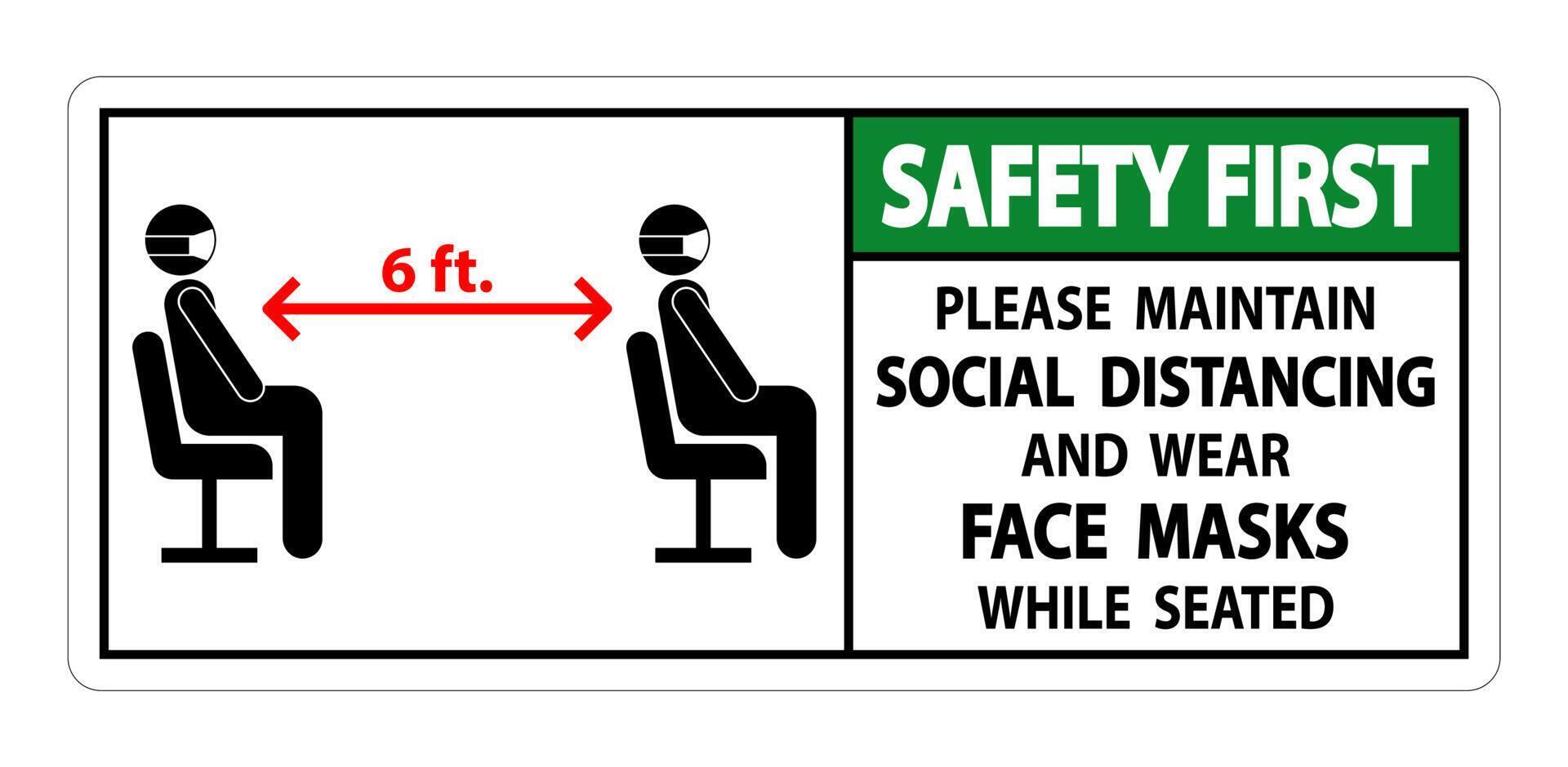 Safety First Maintain Social Distancing Wear Face Masks Sign on white background vector