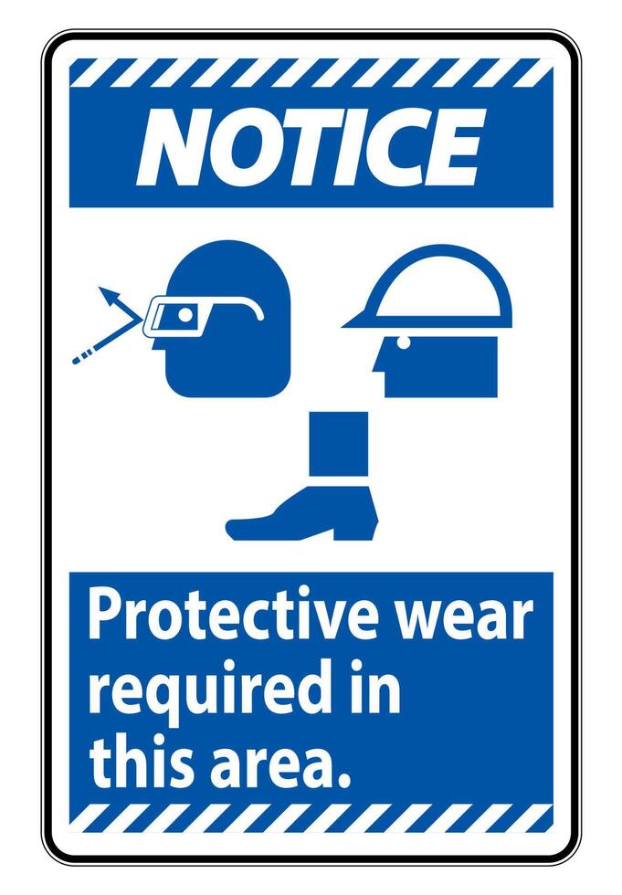 Notice Sign Protective Wear Is Required In This Area.With Goggles, Hard Hat, And Boots Symbols on white background vector