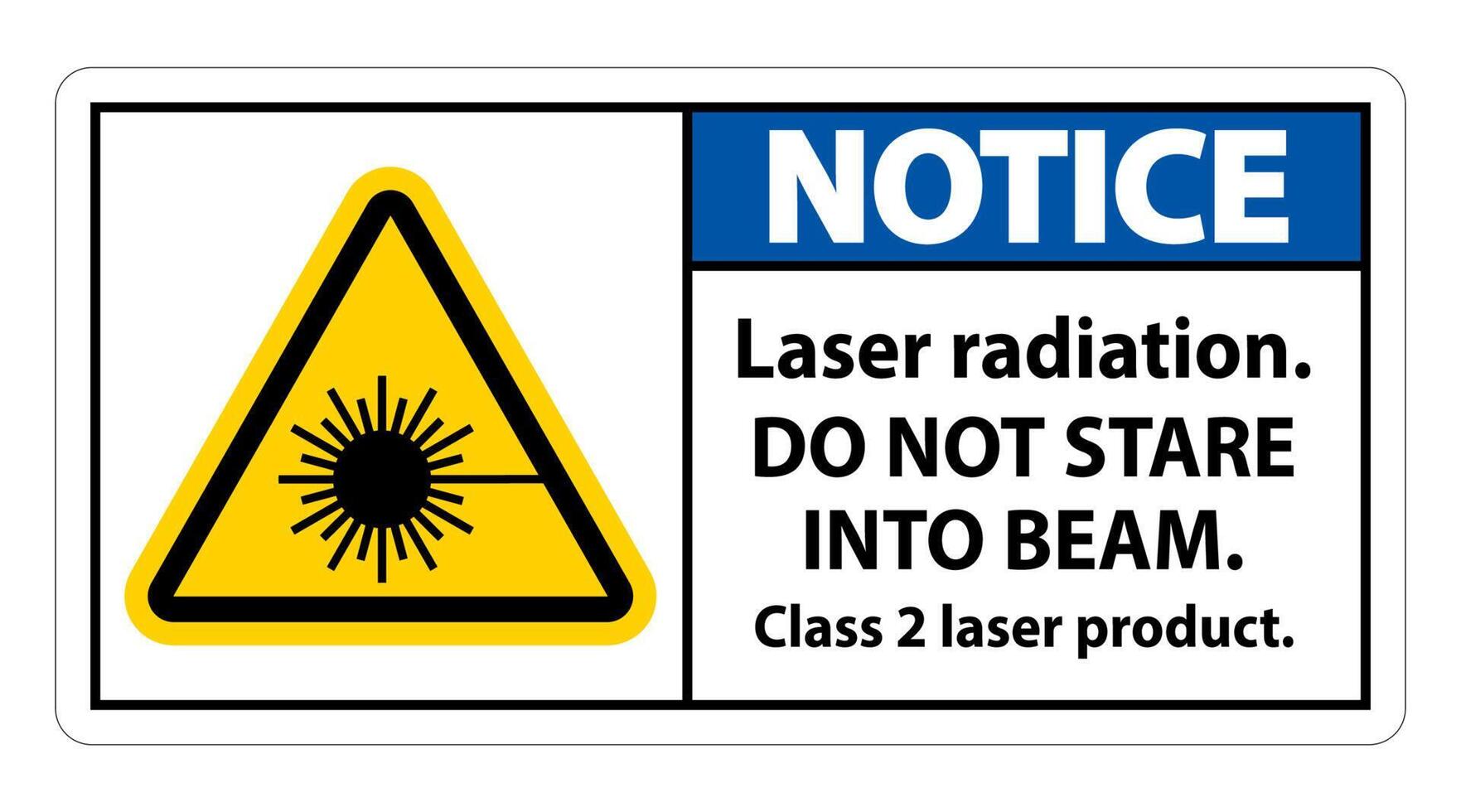 Observe la radiación láser, no mire fijamente al rayo, señal de producto láser de clase 2 sobre fondo blanco. vector