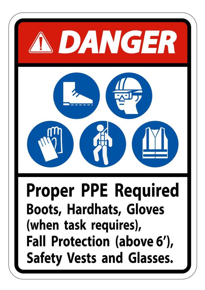 Danger Sign Proper PPE Required Boots, Hardhats, Gloves When Task Requires Fall Protection With PPE Symbols vector