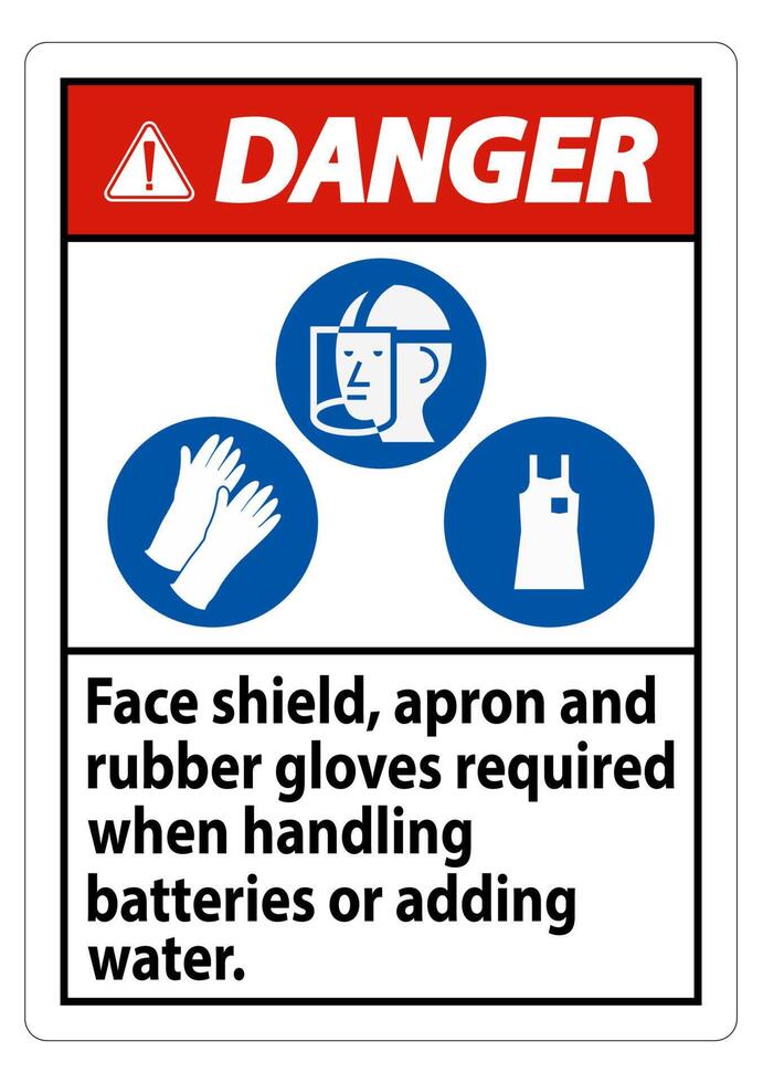 Danger Sign Face Shield, Apron And Rubber Gloves Required When Handling Batteries or Adding Water With PPE Symbols vector