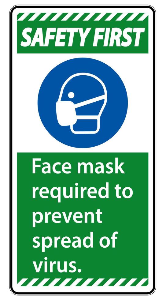 Safety First Face mask required to prevent spread of virus sign on white background vector