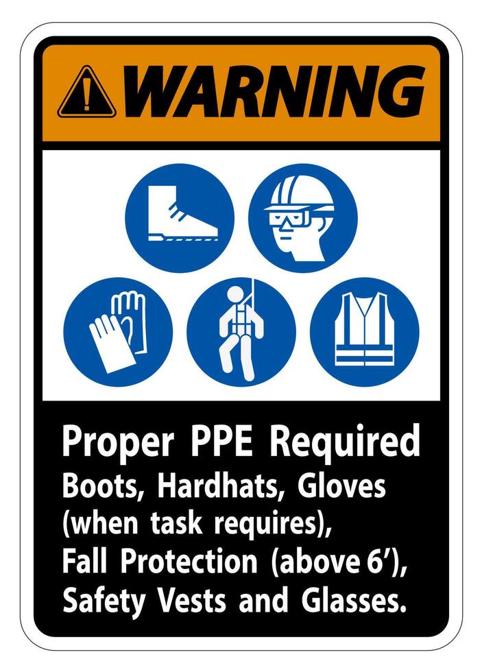 Warning Sign Proper PPE Required Boots, Hardhats, Gloves When Task Requires Fall Protection With PPE Symbols vector